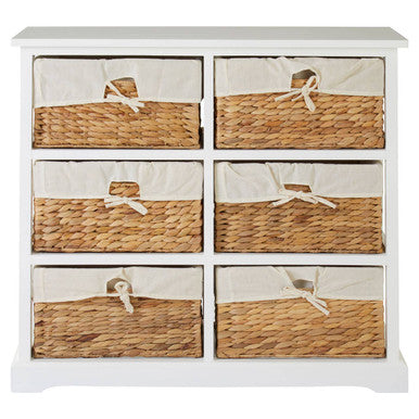 Ashby White Acacia Wood and Water Hyacinth 6 Drawer Chest