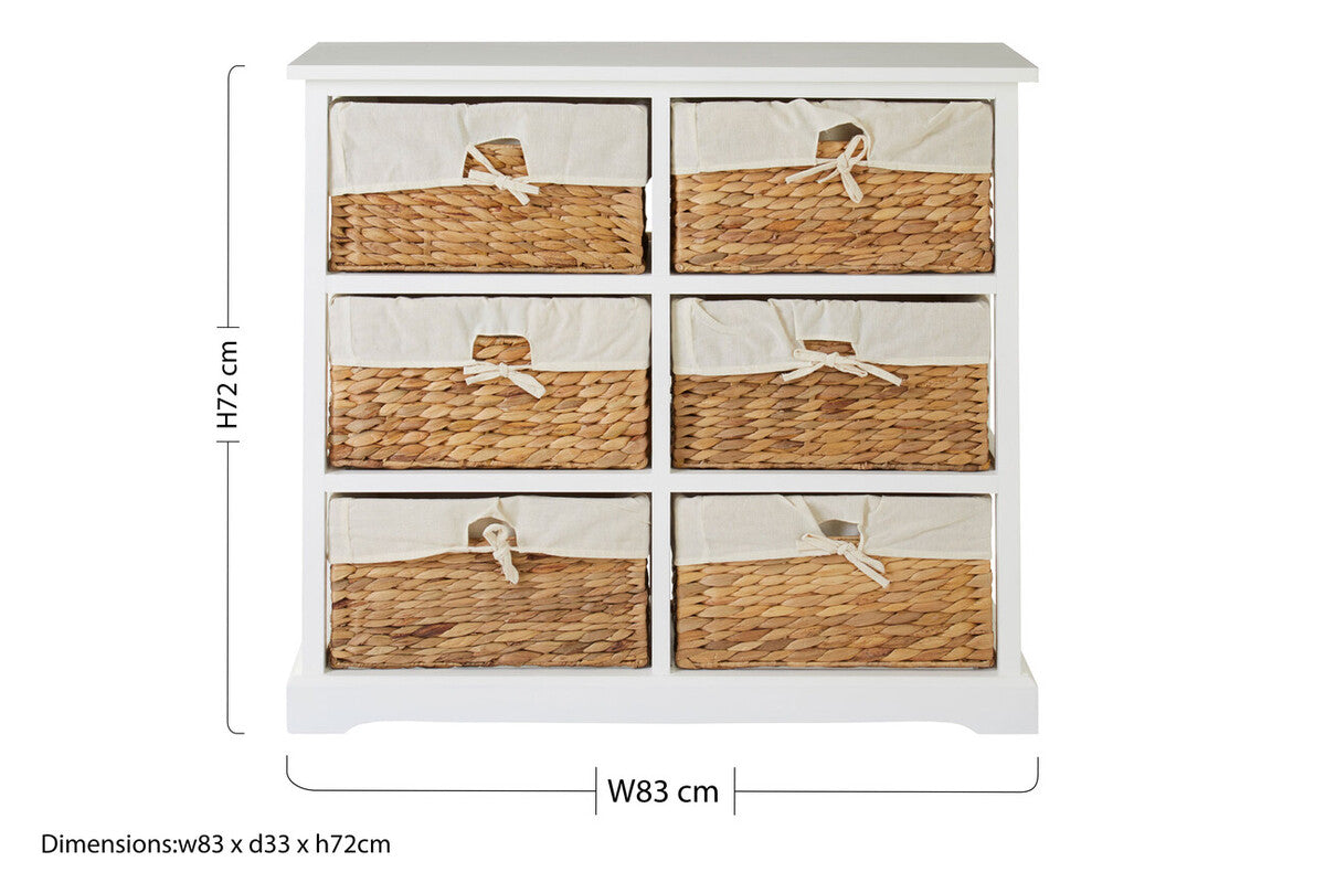 Ashby White Acacia Wood and Water Hyacinth 6 Drawer Chest