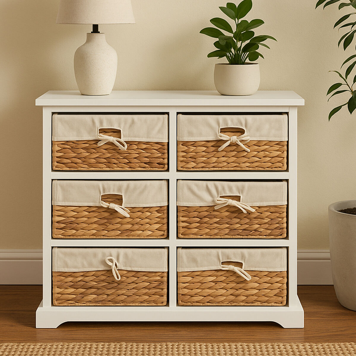 Ashby White Acacia Wood and Water Hyacinth 6 Drawer Chest