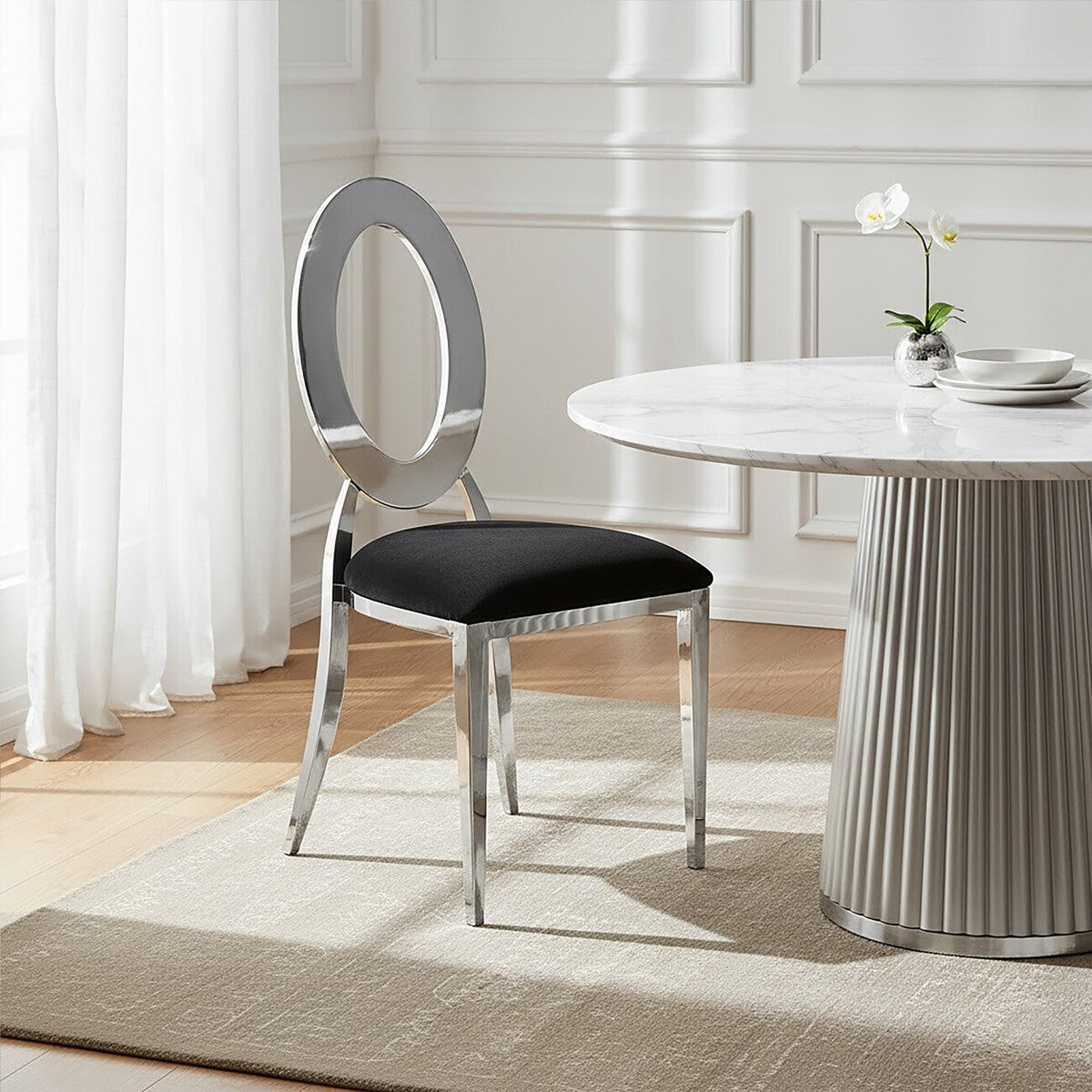 Sarita Black Velvet and Silver Finish Stackable Oval Back Dining Chair