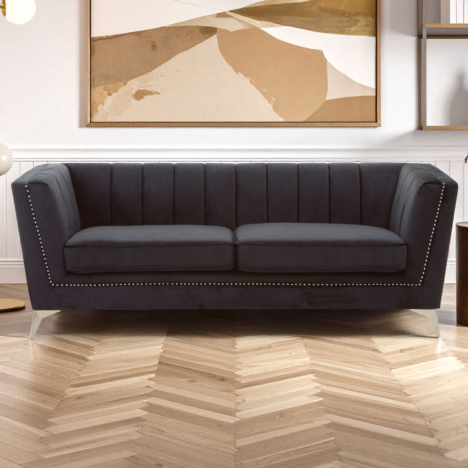 Hansa Black Velvet Channel Tufted 3 Seater Sofa