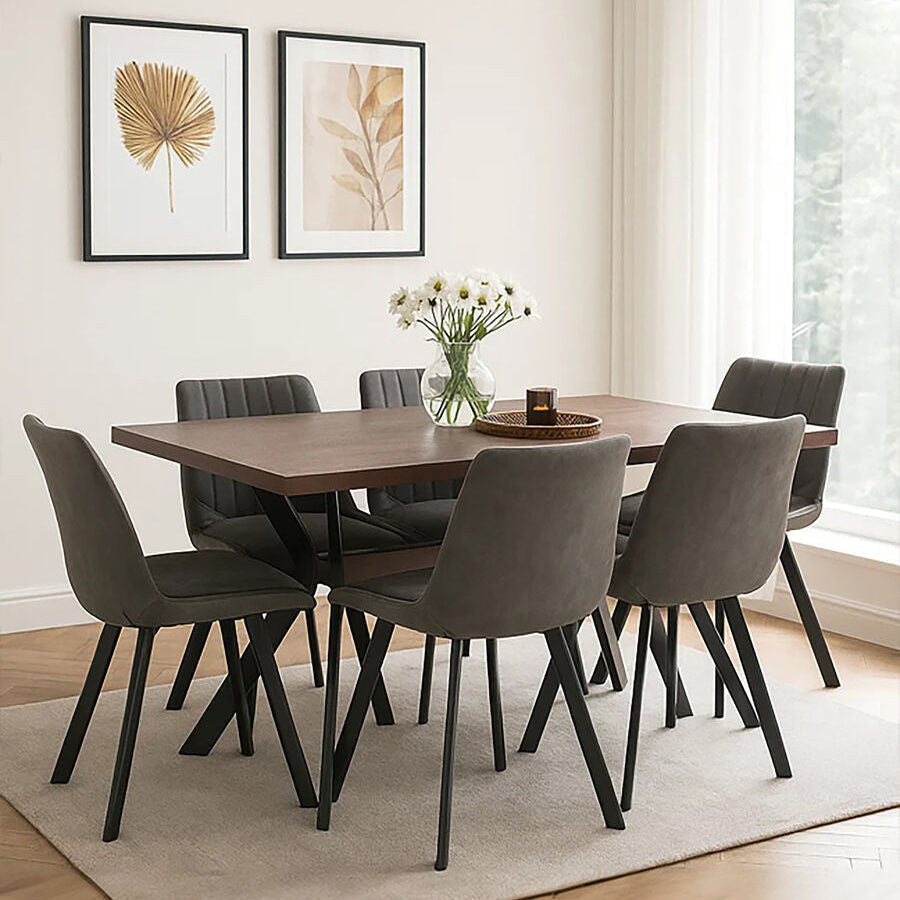 Wood Effect Dining Table with 6 Grey Dining Chairs Set