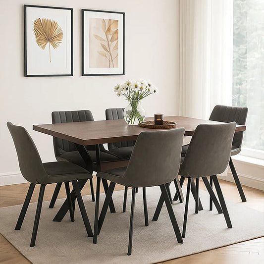 Wood Effect Dining Table with 6 Grey Dining Chairs Set
