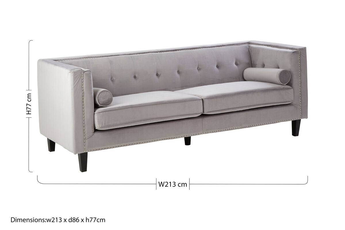 Felisa Grey Velvet 3 Seater Sofa with Stud Detail