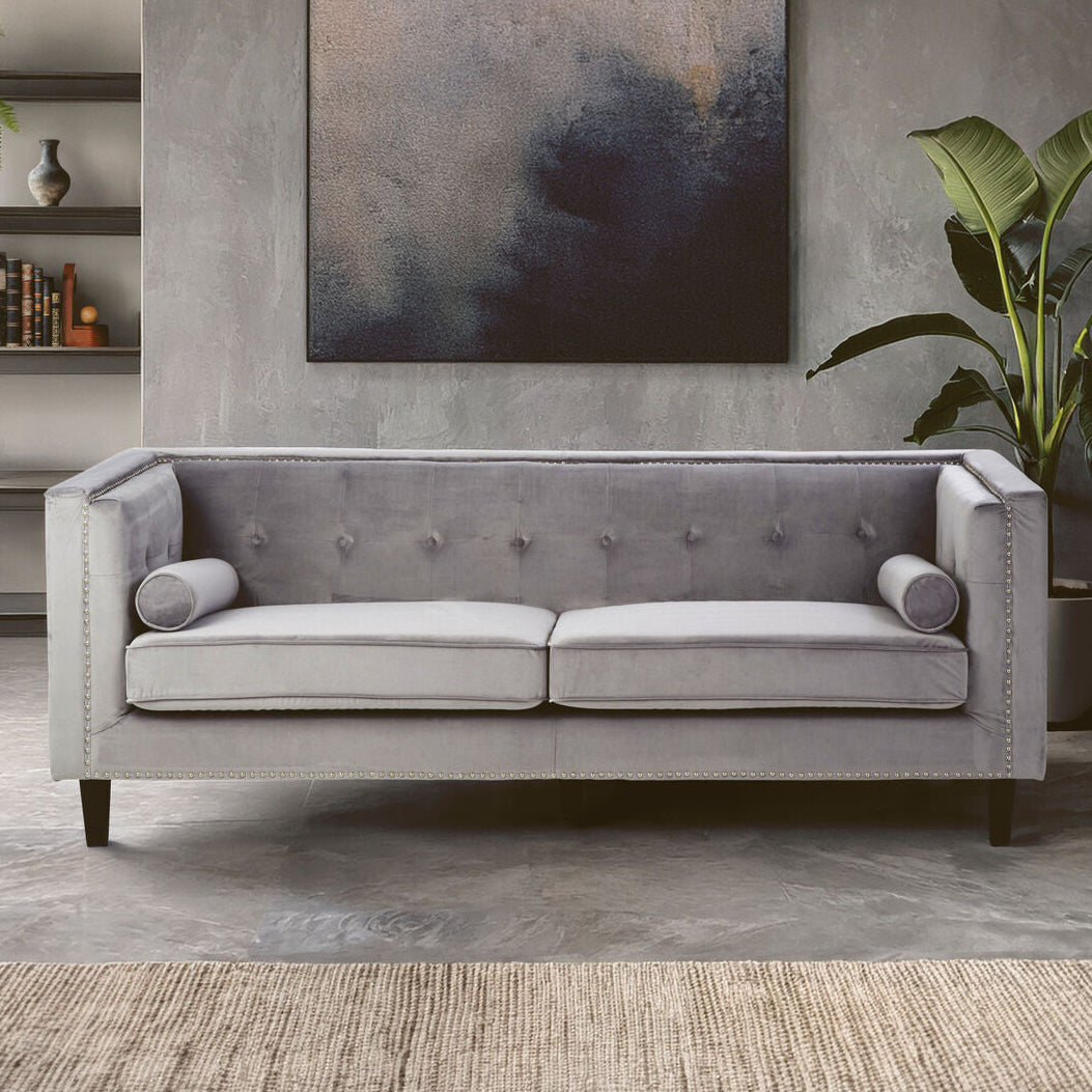 Felisa Grey Velvet 3 Seater Sofa with Stud Detail