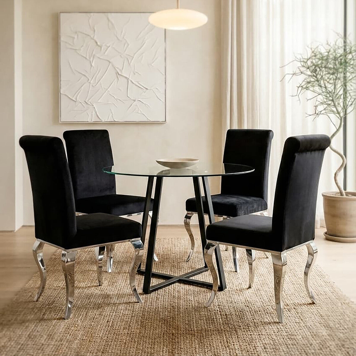 Metropolitan Clear Glass Round Dining Table with Black Finish Legs