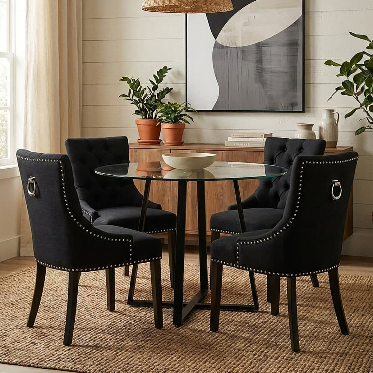 Metropolitan Clear Glass Round Dining Table with Black Finish Legs