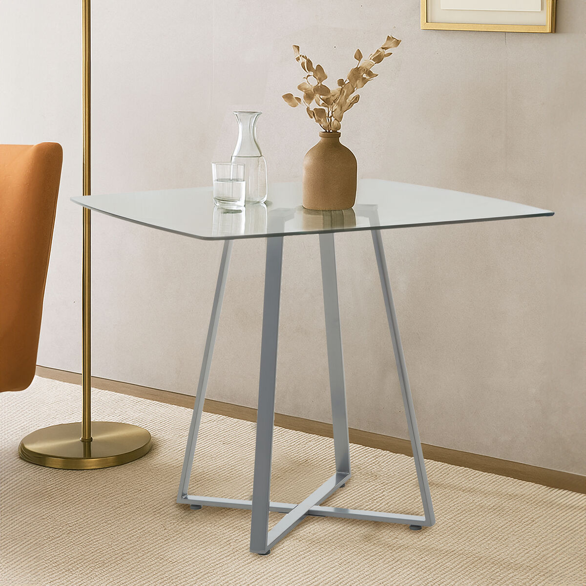 Metropolitan Clear Glass Square Dining Table with Grey Finish Legs