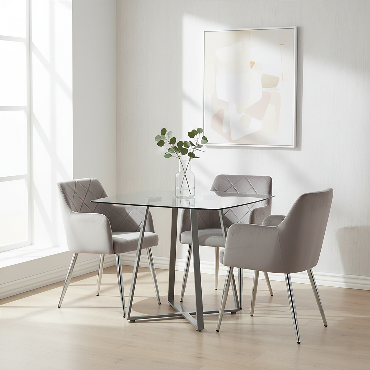 Metropolitan Clear Glass Square Dining Table with Grey Finish Legs