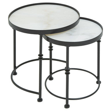 Arcana White Marble and Black Finish Set of 2 Round Side Tables