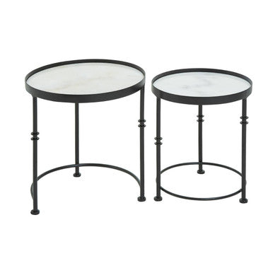 Arcana White Marble and Black Finish Set of 2 Round Side Tables