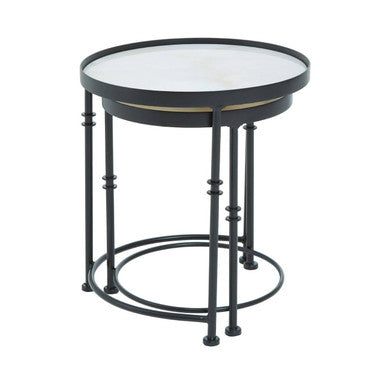 Arcana White Marble and Black Finish Set of 2 Round Side Tables