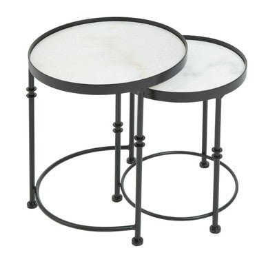 Arcana White Marble and Black Finish Set of 2 Round Side Tables