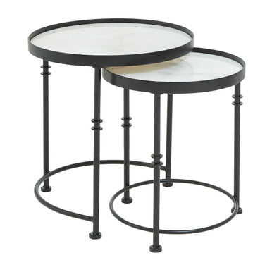Arcana White Marble and Black Finish Set of 2 Round Side Tables