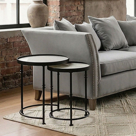 Arcana White Marble and Black Finish Set of 2 Round Side Tables