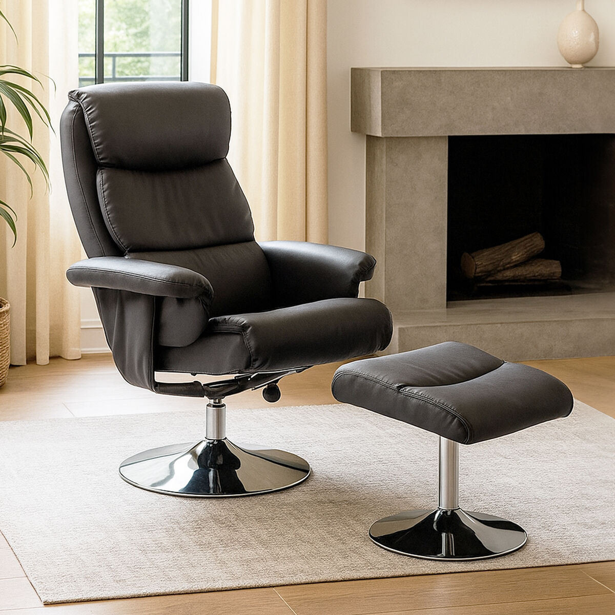 Denton Grey Leather Effect Swivel Recliner Chair with Footstool