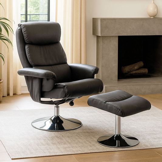 Denton Grey Leather Effect Swivel Recliner Chair with Footstool