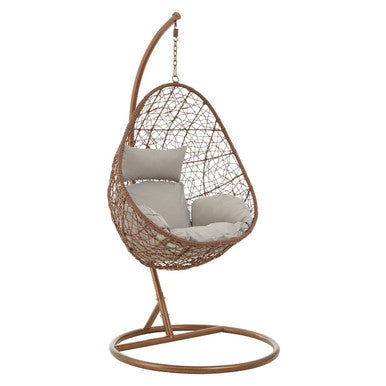 Goa Brown Rattan Hanging Chair with Grey Cushions