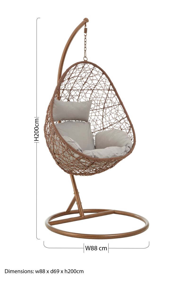 Goa Brown Rattan Hanging Chair with Grey Cushions