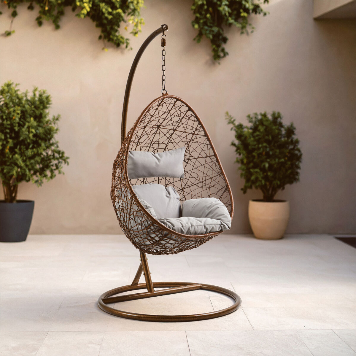Goa Brown Rattan Hanging Chair with Grey Cushions