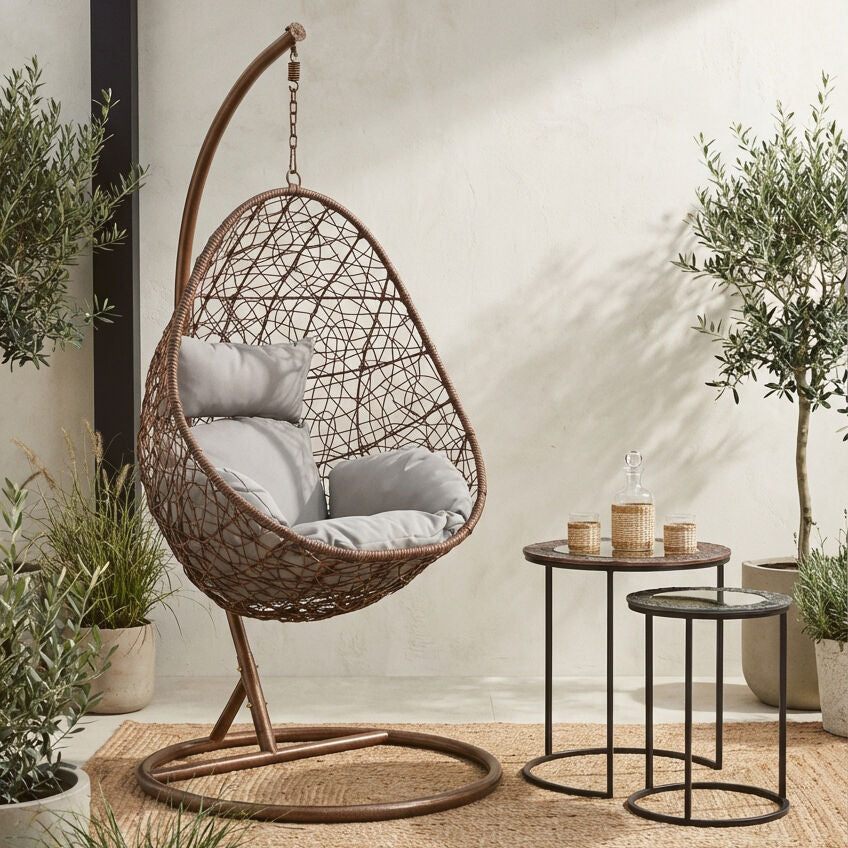 Goa Brown Rattan Hanging Chair with Grey Cushions