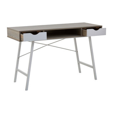 Bradbury Light Oak Veneer and White 2 Drawer Desk with Metal Frame