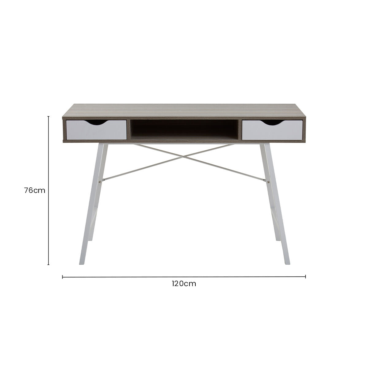 Bradbury Light Oak Veneer and White 2 Drawer Desk with Metal Frame