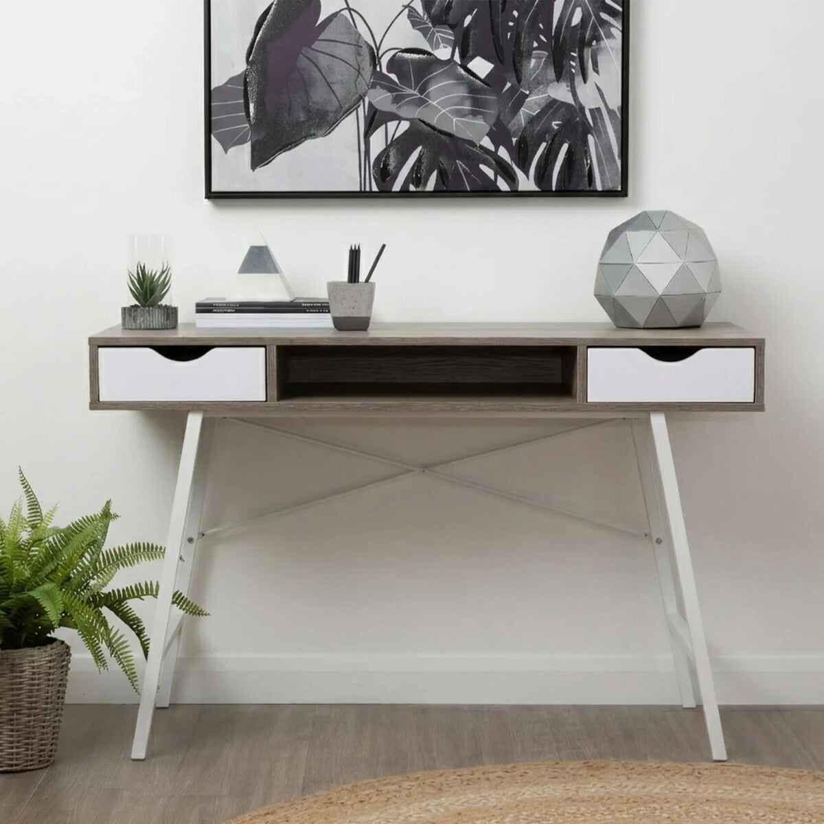 Bradbury Light Oak Veneer and White 2 Drawer Desk with Metal Frame