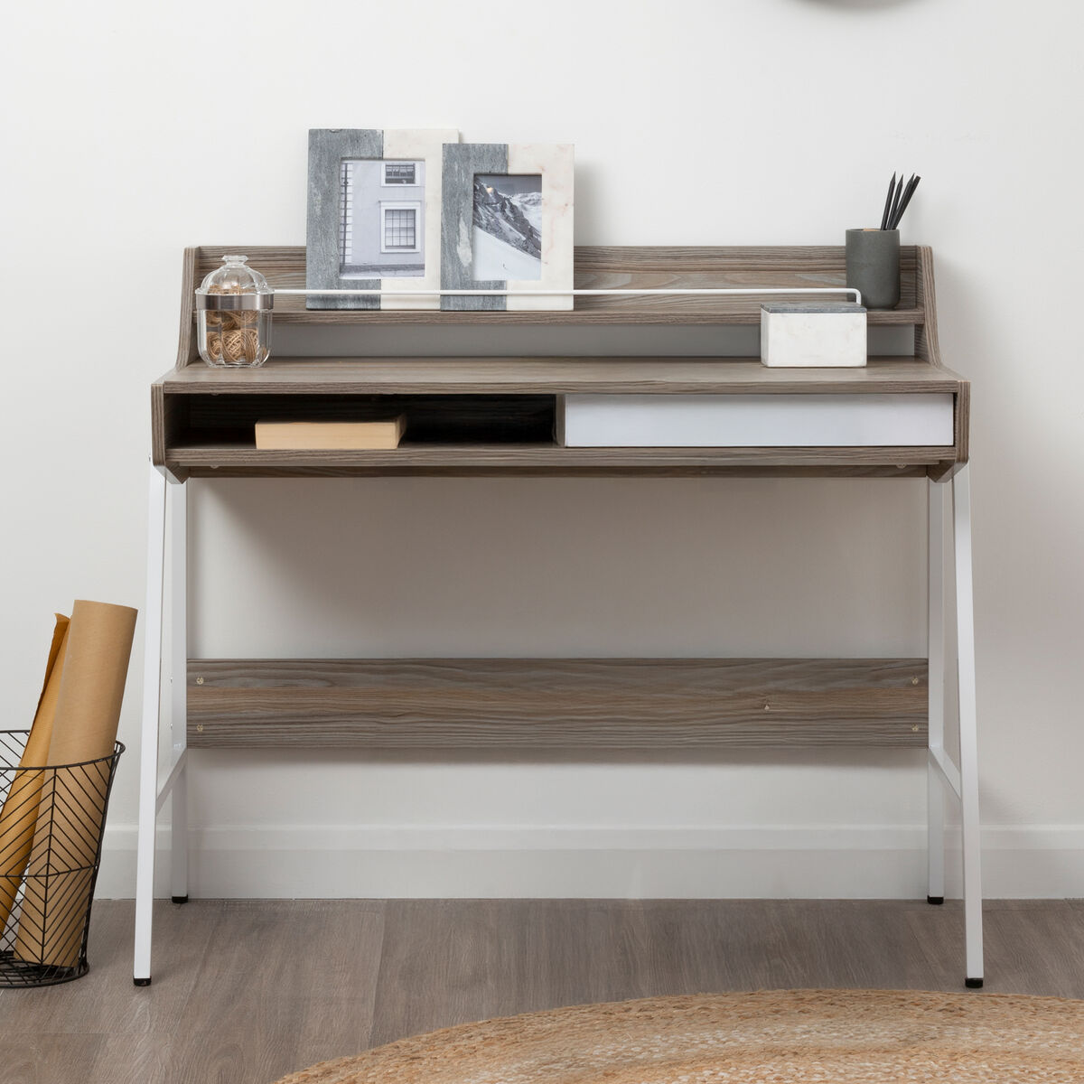 Bradbury Light Oak Veneer Desk with Drawer and Shelf