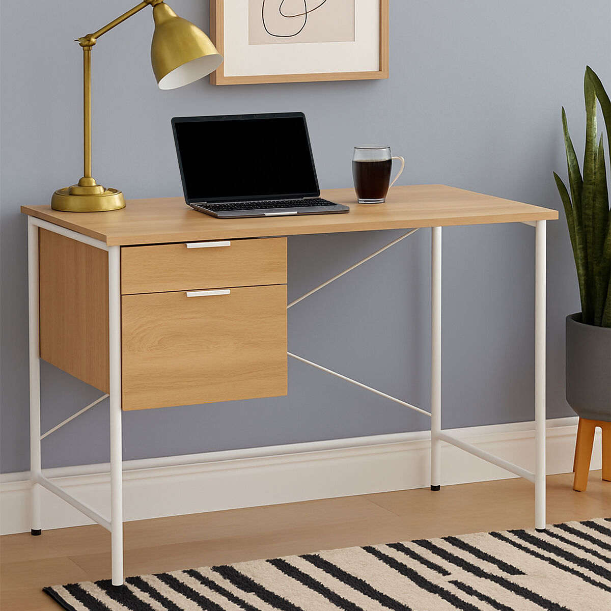 Bradbury Natural Oak Veneer 2 Drawer Desk with Metal Frame
