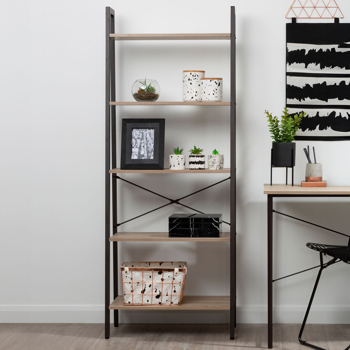 Bradbury Grey Oak Veneer 5 Tier Ladder Shelf Unit