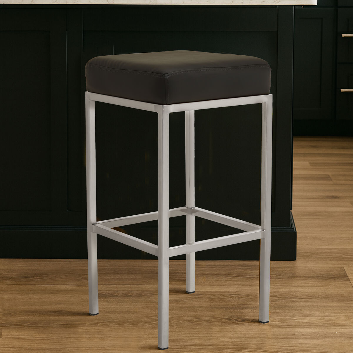 Baina Black Leather Effect Bar Stool with Chrome Finish Base