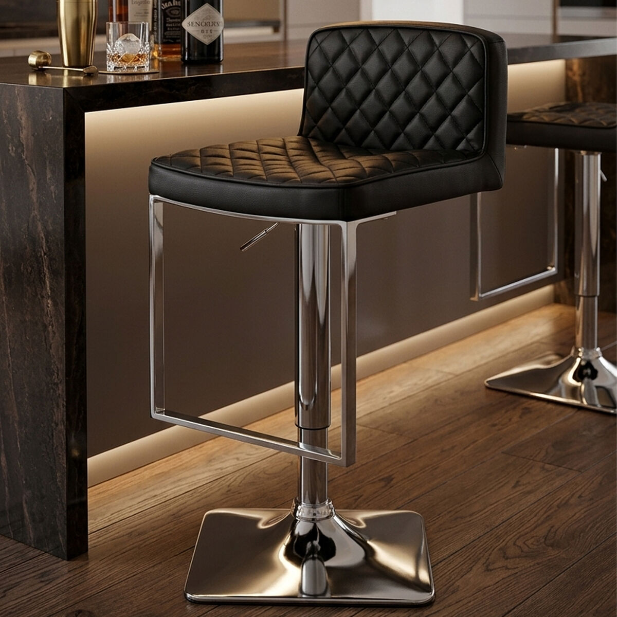 Baina Black Leather Effect Adjustable Bar Chair with Chrome Finish Base