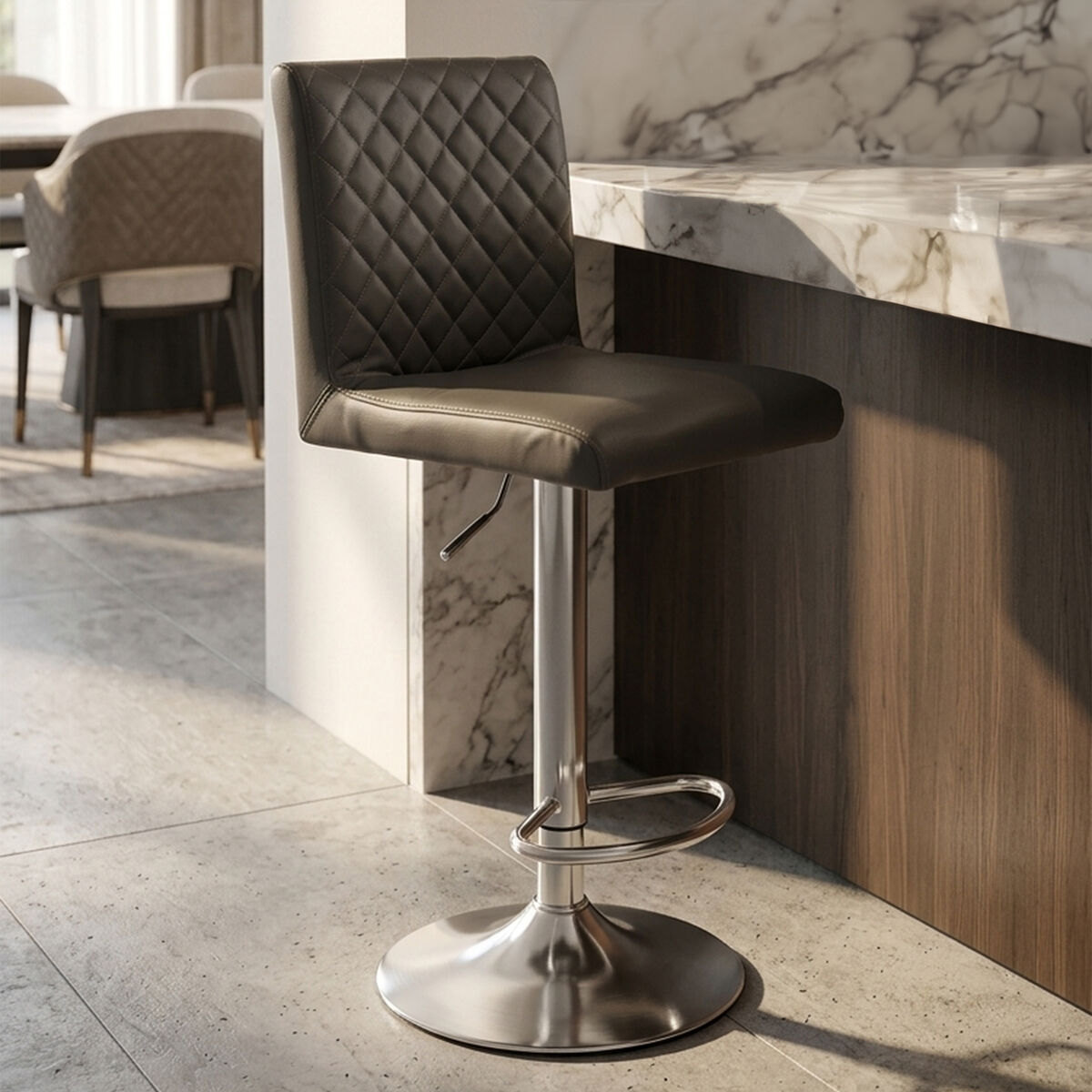 Baina Dark Grey Leather Effect Adjustable Bar Chair with Chrome Round Base
