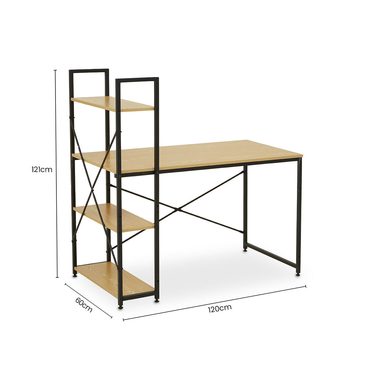 Laxton Light Oak Effect Desk with Shelves and Black Finish Frame