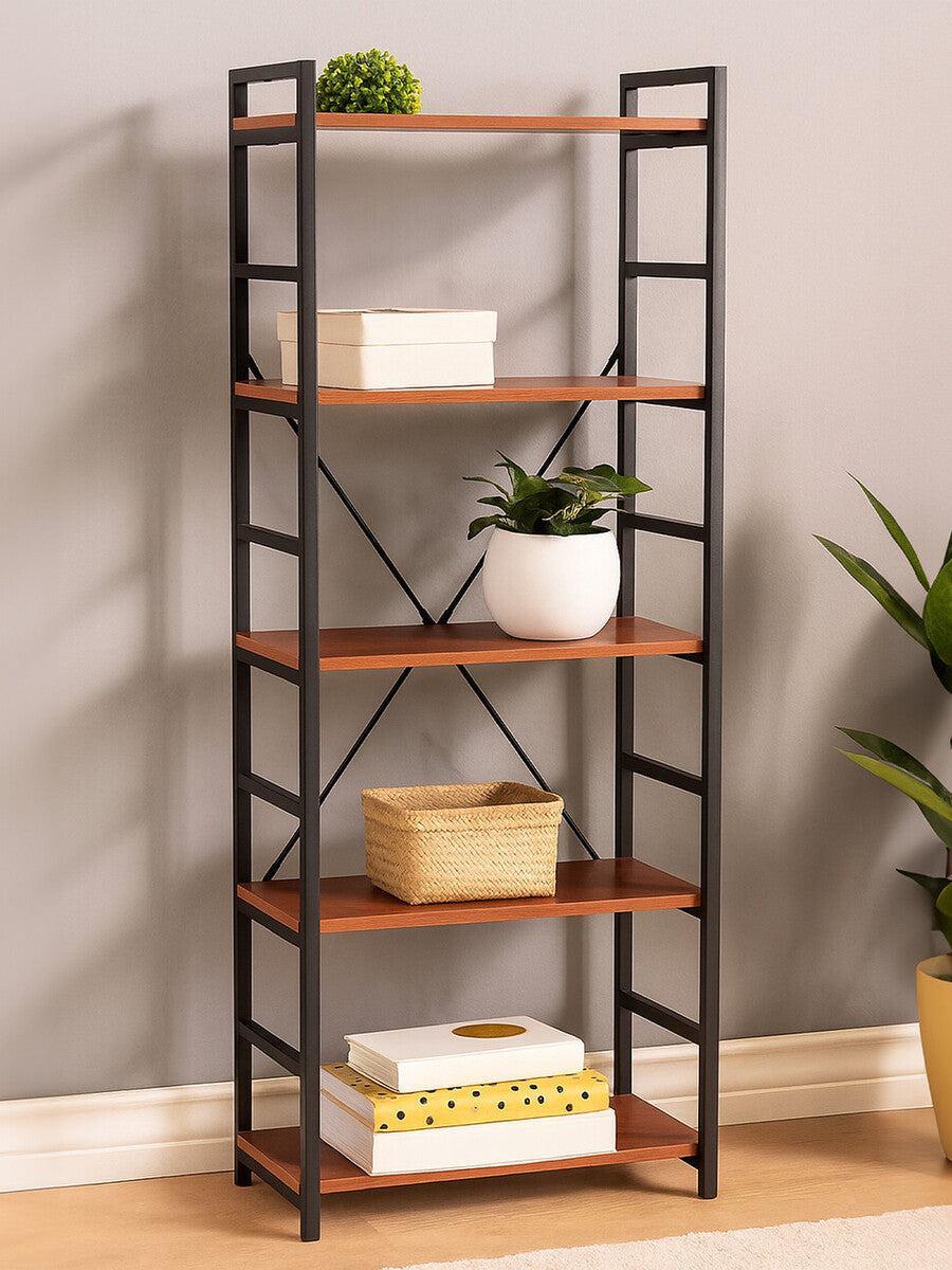 Laxton Wood Effect 5 Tier Small Shelf Unit with Black Finish Frame