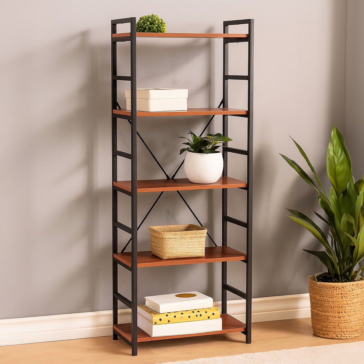 Laxton Wood Effect 5 Tier Small Shelf Unit with Black Finish Frame