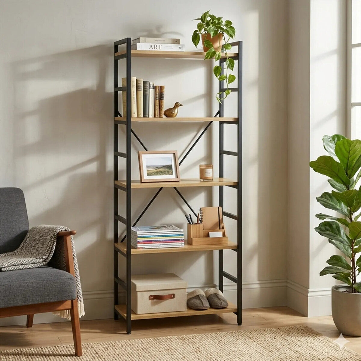 Laxton Light Oak Effect 5 Tier Small Shelf Unit with Black Finish Frame