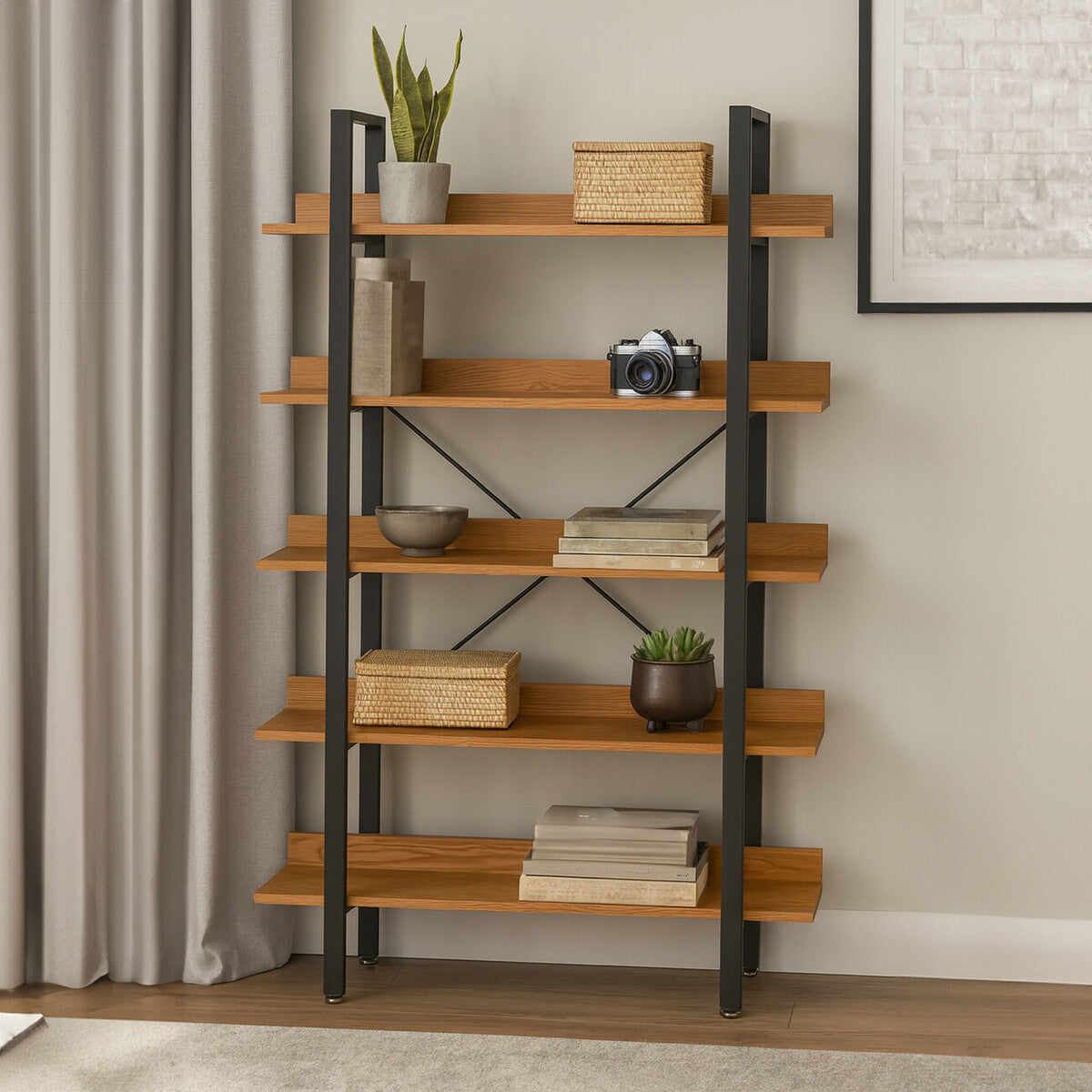 Laxton Wood Effect 5 Tier Large Shelf Unit with Black Finish Frame