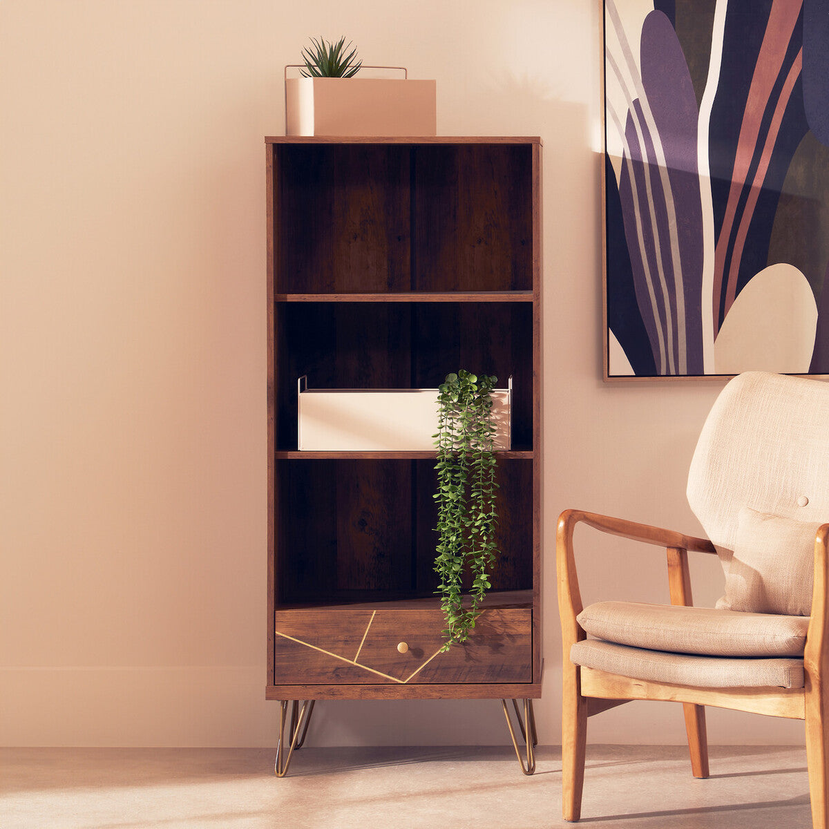 Flori Wood Effect 3 Tier Shelf Unit with Drawer