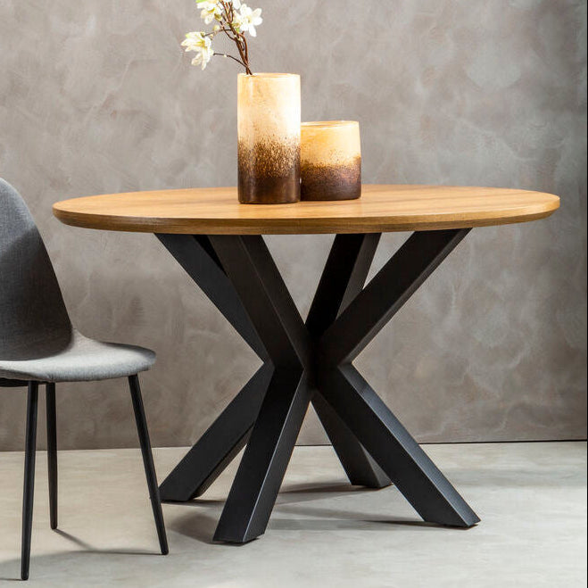 Salford Natural Wood Veneer Round Dining Table with Black Finish Legs