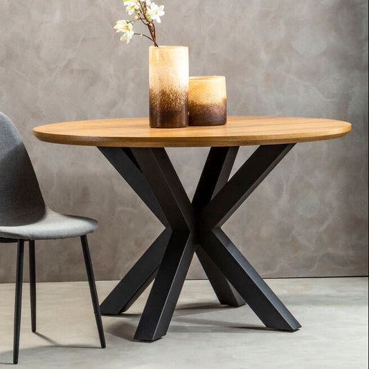 Natural Wood Veneer Round Dining Table with Black Finish Legs 120cm