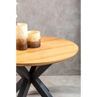 Salford Natural Wood Veneer Round Dining Table with Black Finish Legs
