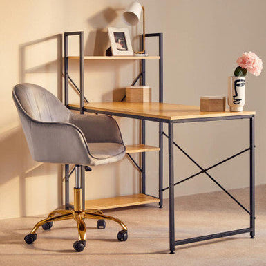 Brent Grey Velvet Curved Home Office Chair with Gold Finish Base