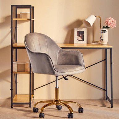 Brent Grey Velvet Curved Home Office Chair with Gold Finish Base