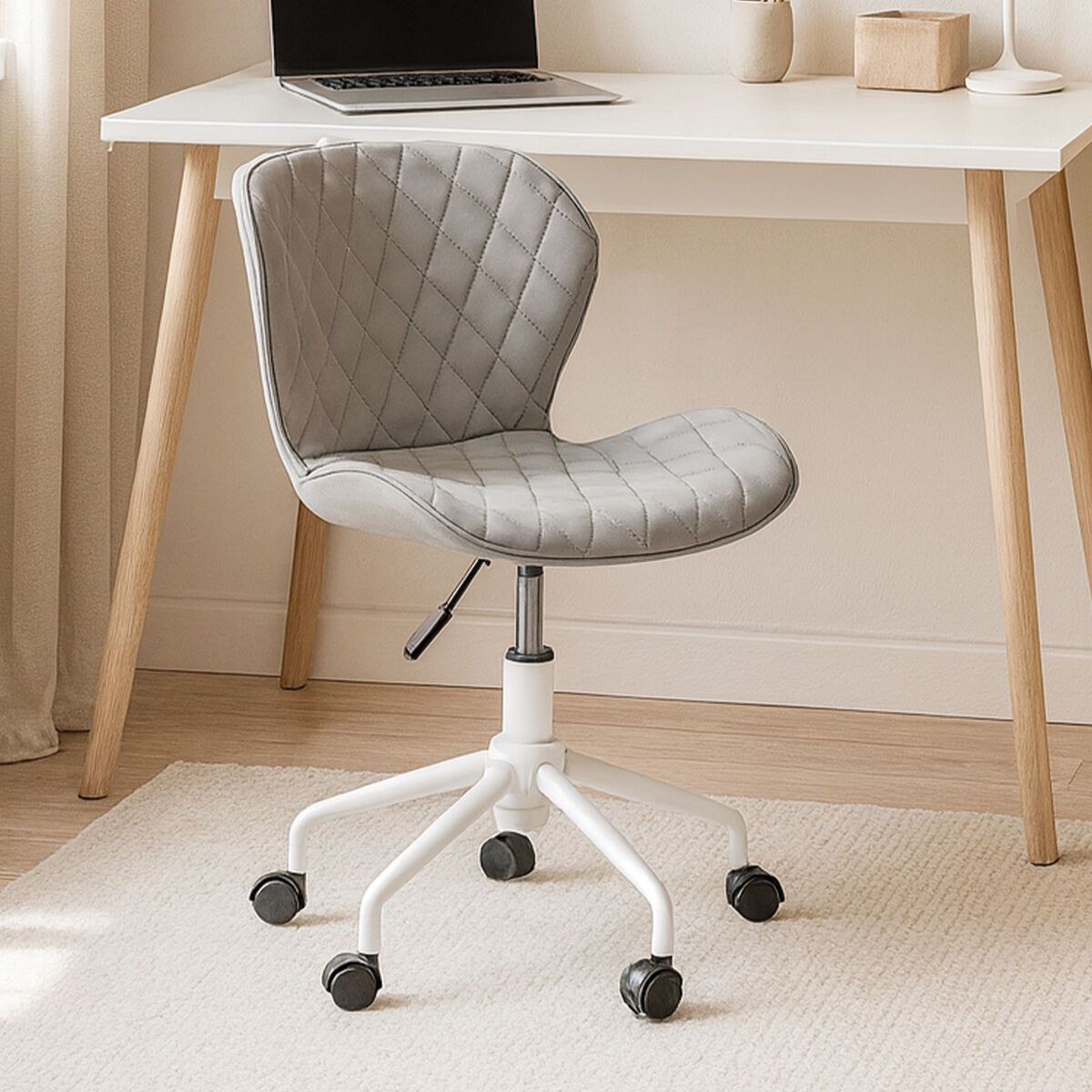 Brent Light Grey Leather Effect Home Office Chair with White Finish Base