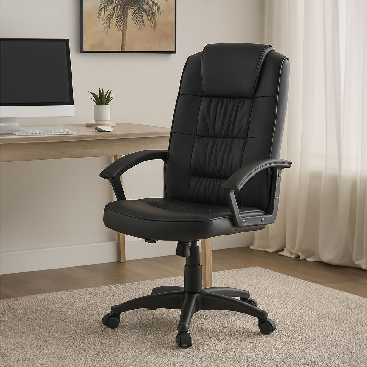 Brent Black Leather Effect High Back Home Office Chair with Headrest