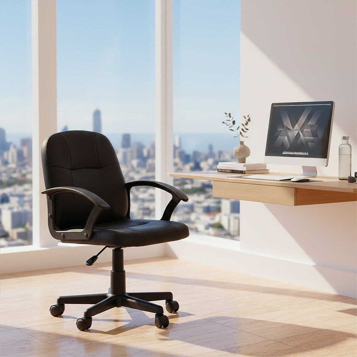 Brent Black Leather Effect Home Office Chair with Castor Base