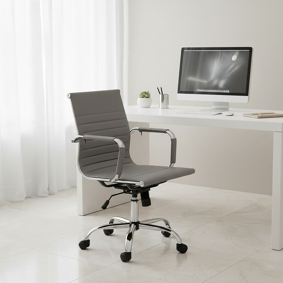 Brent Grey Leather Effect Home Office Chair with Padded Arms