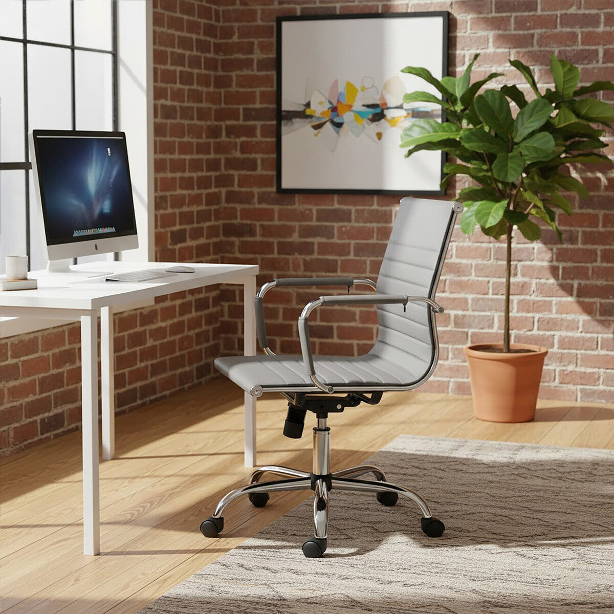 Brent Grey Leather Effect Home Office Chair with Padded Arms